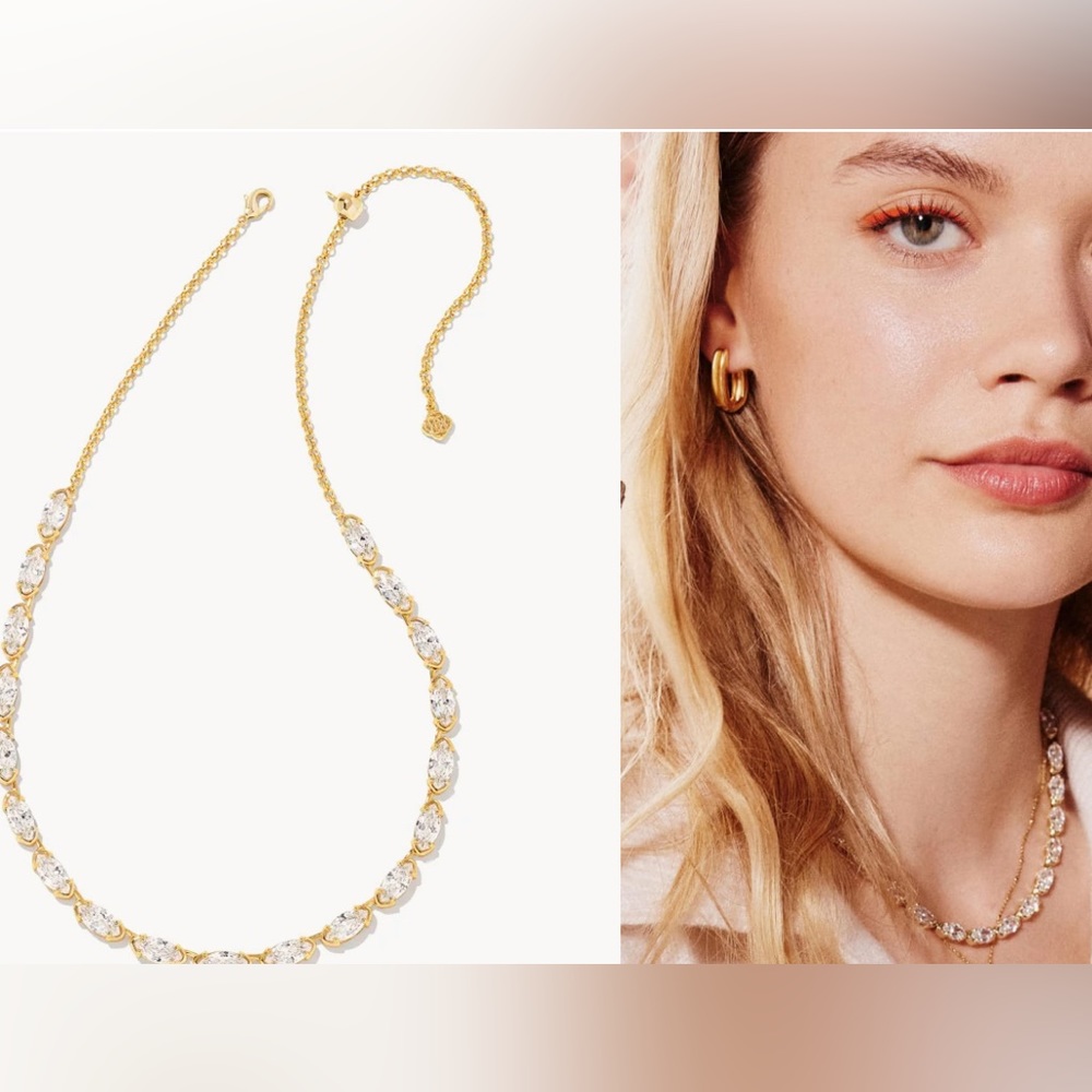 Genevieve Gold Strand Necklace in White Crystal